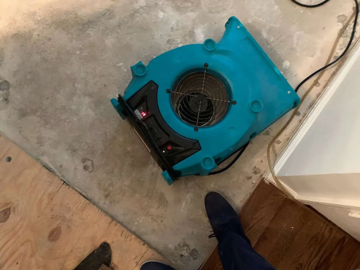 Air mover drying subfloor during Leak Detection & Repair in Scio